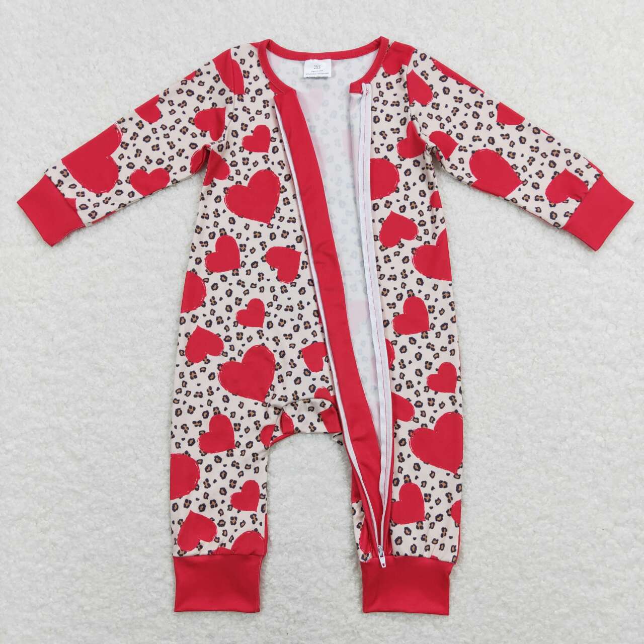 LR0775 Valentine Love Leopard Zipper Girls Long Sleeve Romper