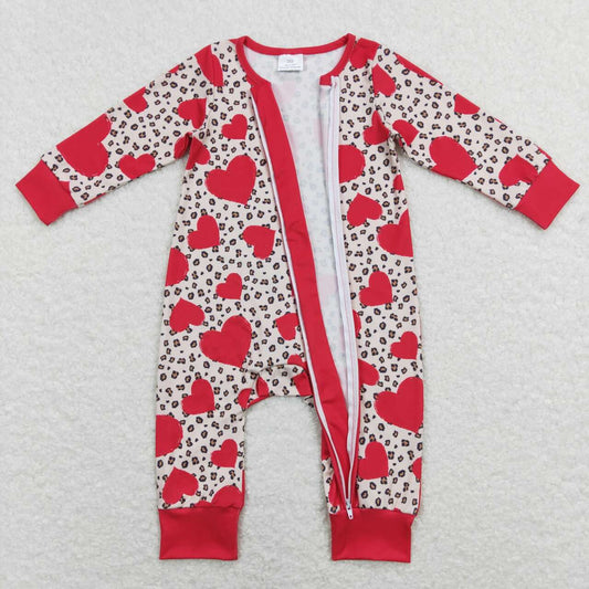 LR0775 Valentine Love Leopard  Zipper Girls Long Sleeve Romper