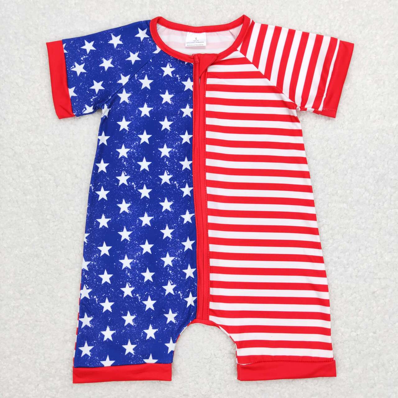SR0673 4th of July Blue Red Star Zipper Girls Short Sleeve Romper