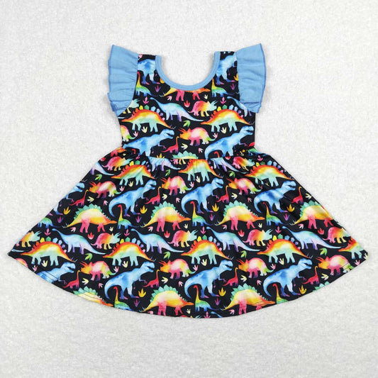 GSD0516 Blue Dinosaur cartoon Girls Short Sleeve Dresses
