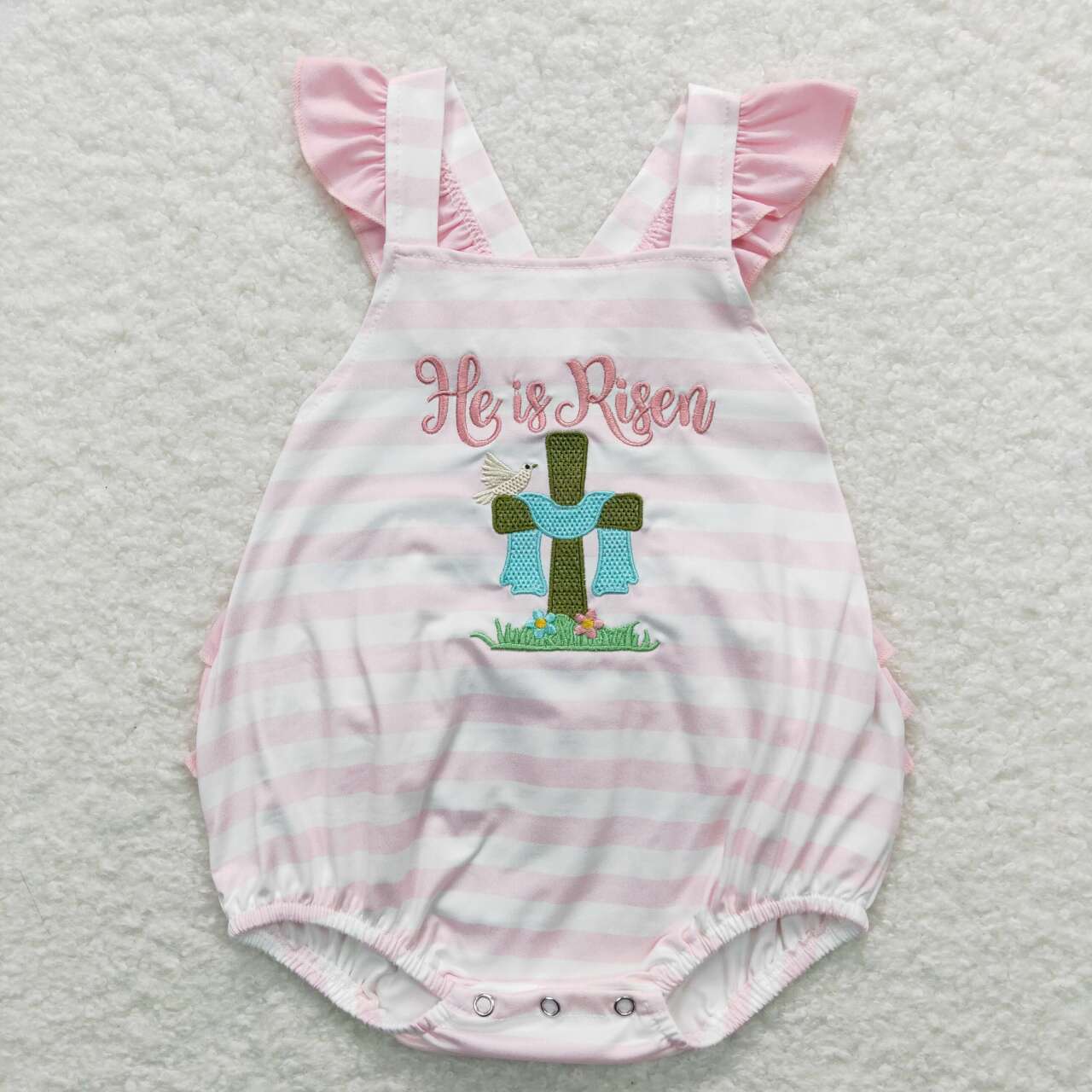 SR0564 Easter Rabbit Cross Pink he is risen Embroidery Girls Short Sleeve Romper