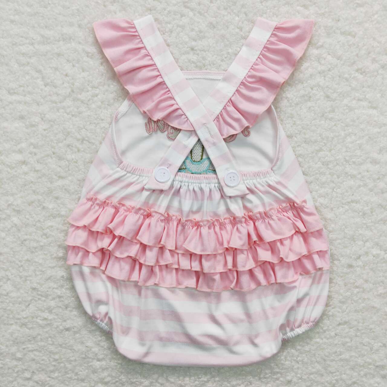 SR0564 Easter Rabbit Cross Pink he is risen Embroidery Girls Short Sleeve Romper
