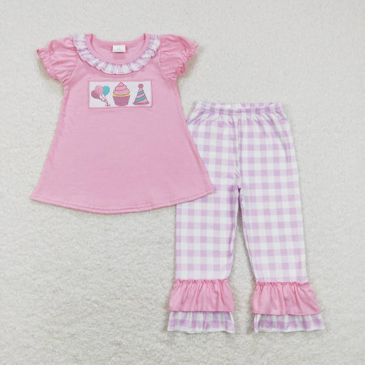 GSPO0960 Pink Happy Birthday Embroidery Girls Short Sleeve Bell Bottom Pants Outfits
