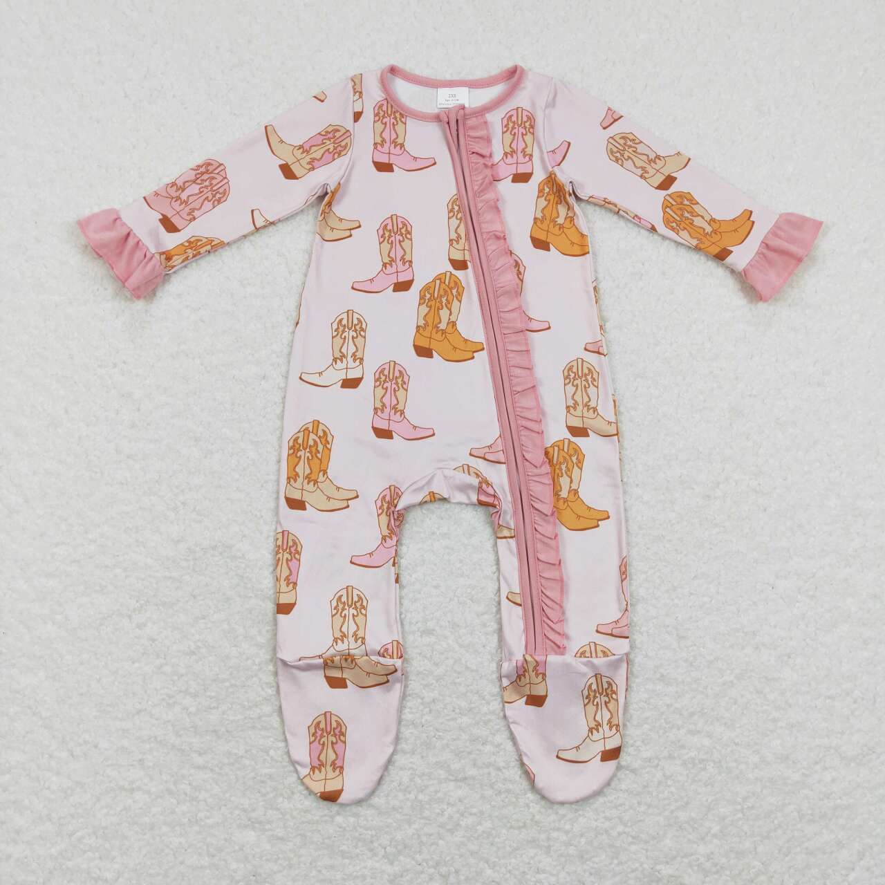 LR0852 Pink cowboy boots Zipper Girls Long Sleeve Romper