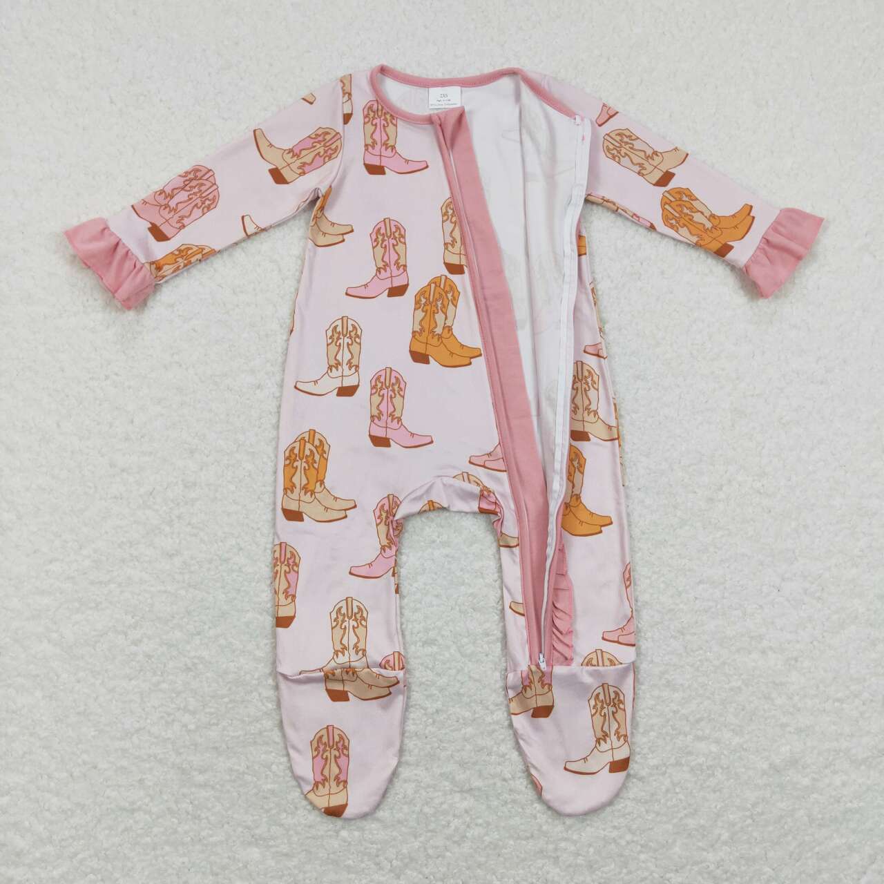 LR0852 Pink cowboy boots Zipper Girls Long Sleeve Romper
