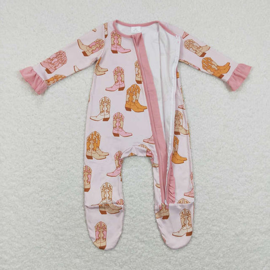LR0852 Pink cowboy boots Zipper Girls Long Sleeve Romper