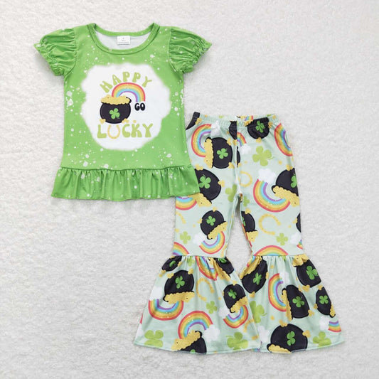 GSPO1046 St. Patrick Green Happy Lucky Clover Girls Short Sleeve Bell Bottom Pants Outfits