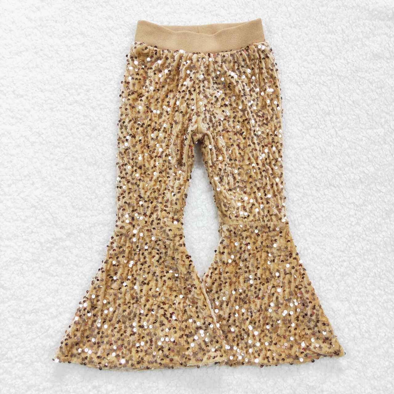 P0110 Yellow Sequin Bell-bottom Kids Long Pants