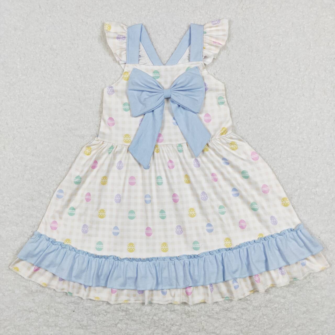 GSD0582 Easter Blue Egg Rabbit Bow Girls Flutter Sleeve Dresses