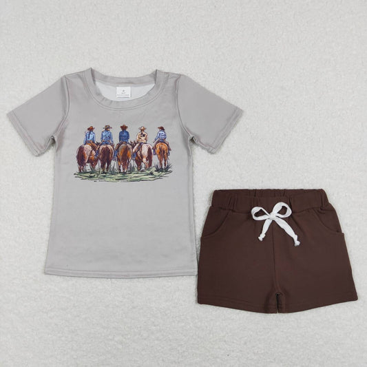 SS013 BT0505 Grey Cowboy Boys Short Sleeve Shorts Outfits