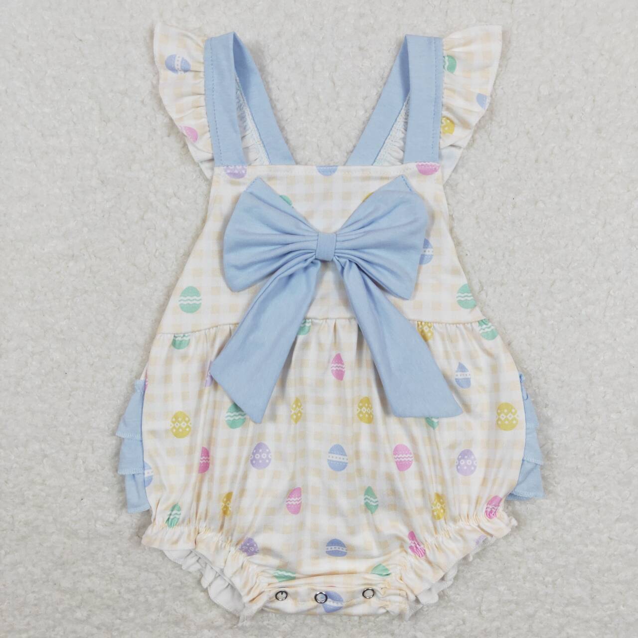 SR0656 Easter Blue Egg Rabbit Bow Girls Short Sleeve Romper