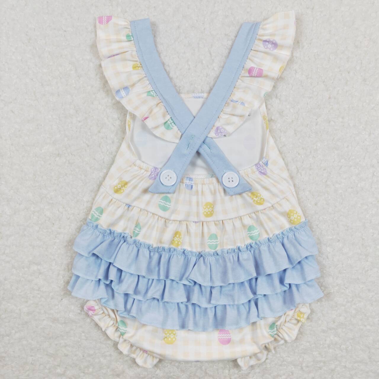 SR0656 Easter Blue Egg Rabbit Bow Girls Short Sleeve Romper