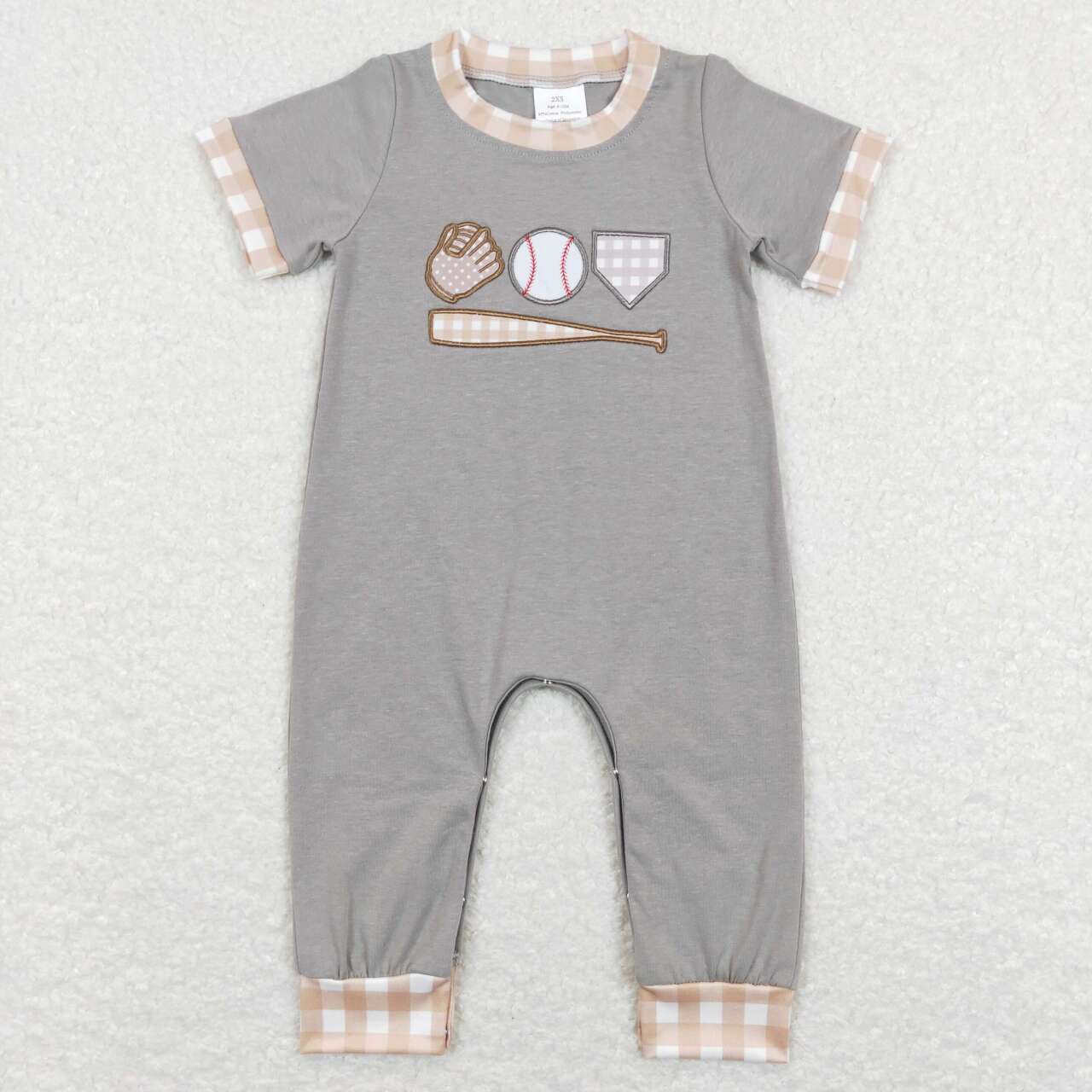 SR0614 Grey Softball Embroidery Girls Short Sleeve Romper