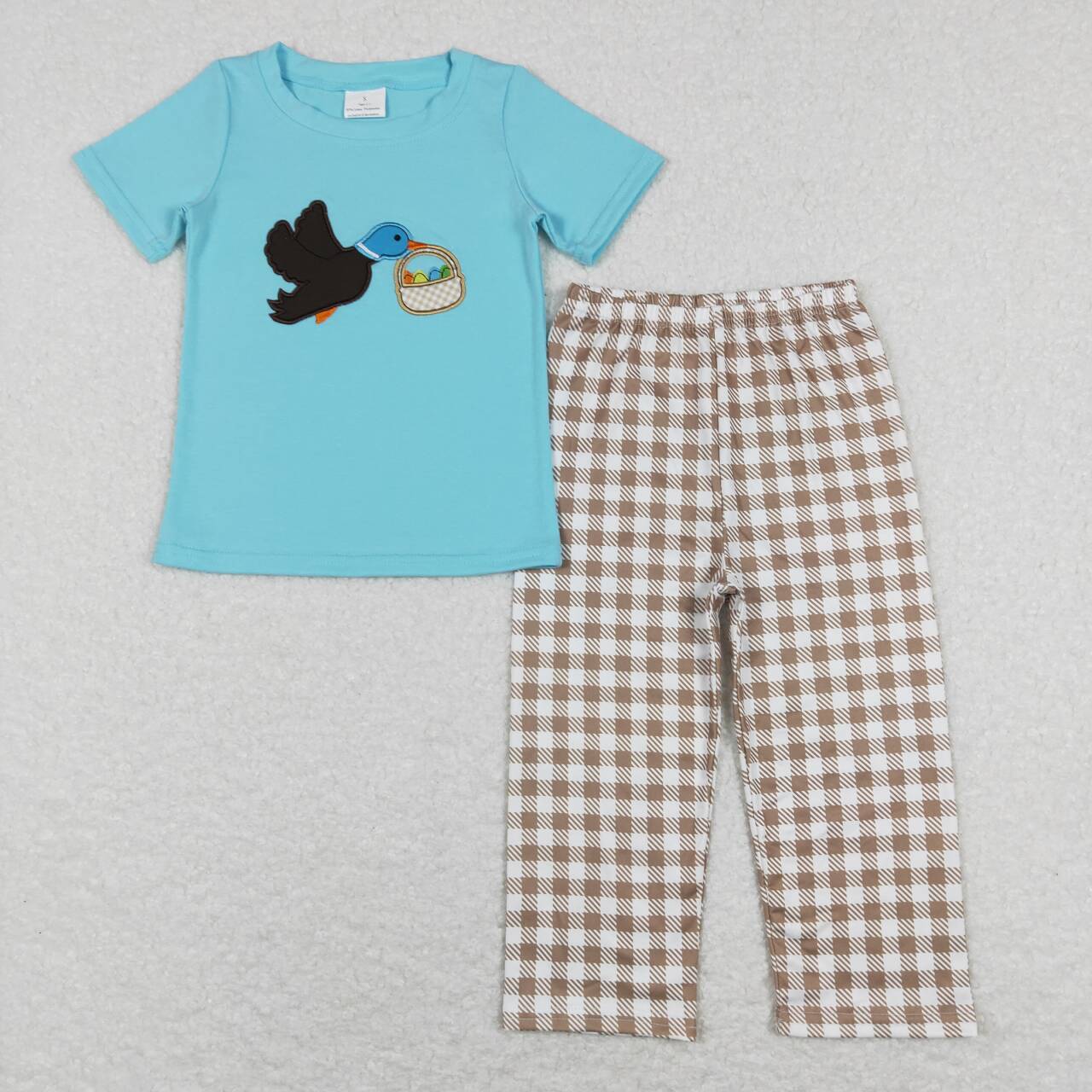 BSPO0216 Easter Blue Duck Egg Embroidery Boys Short Sleeve Bell Bottom Pants Outfits