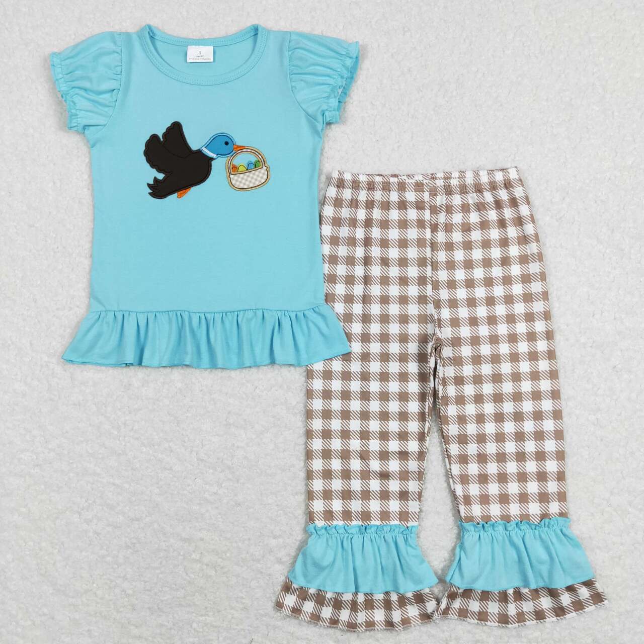 GSPO1022 Easter Blue Duck Egg Embroidery Girls Short Sleeve Bell Bottom Pants Outfits
