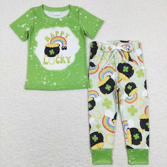 BSPO0219 St. Patrick Green Happy Lucky Clover Boys Short Sleeve Bell Bottom Pants Outfits
