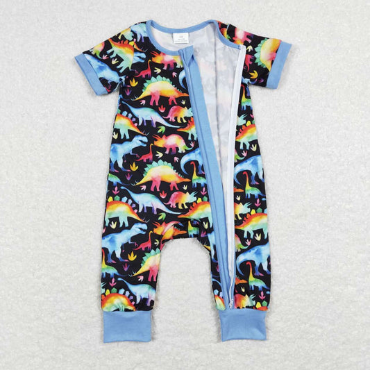 SR0506 Blue Dinosaur Zipper Girls Short Sleeve Romper