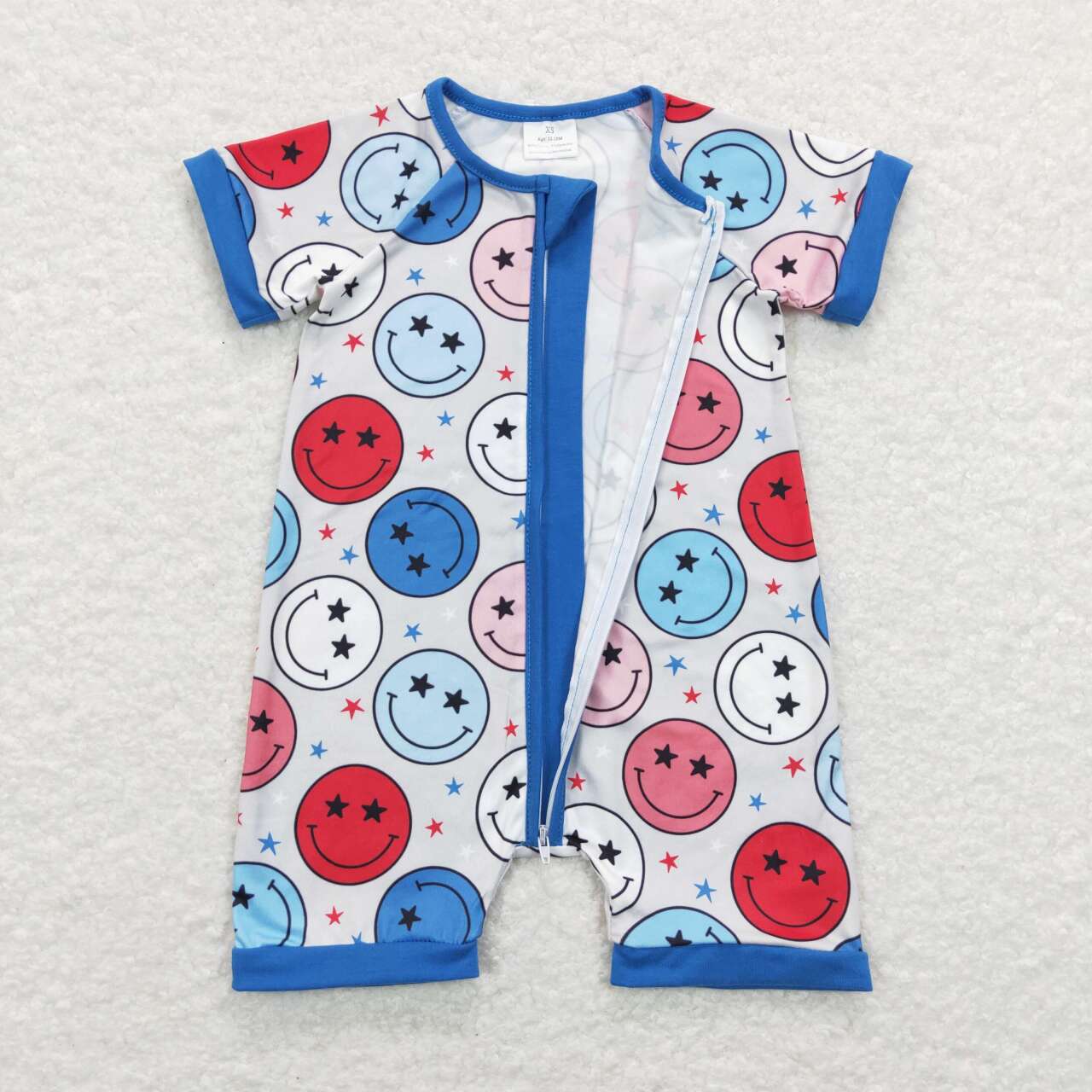 SR0682 4th of July Blue Red Smile Zipper Girls Short Sleeve Romper