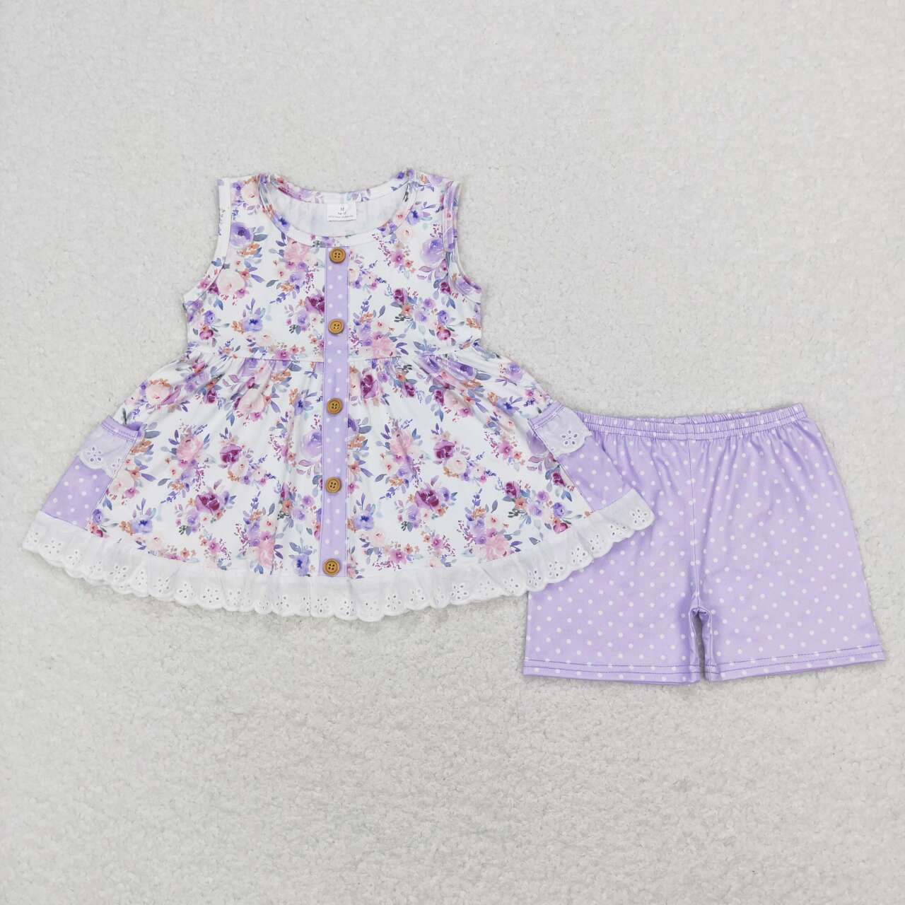 GSSO0402 Purple Floral Pocket Girls Flutter Sleeve Shorts Outfits