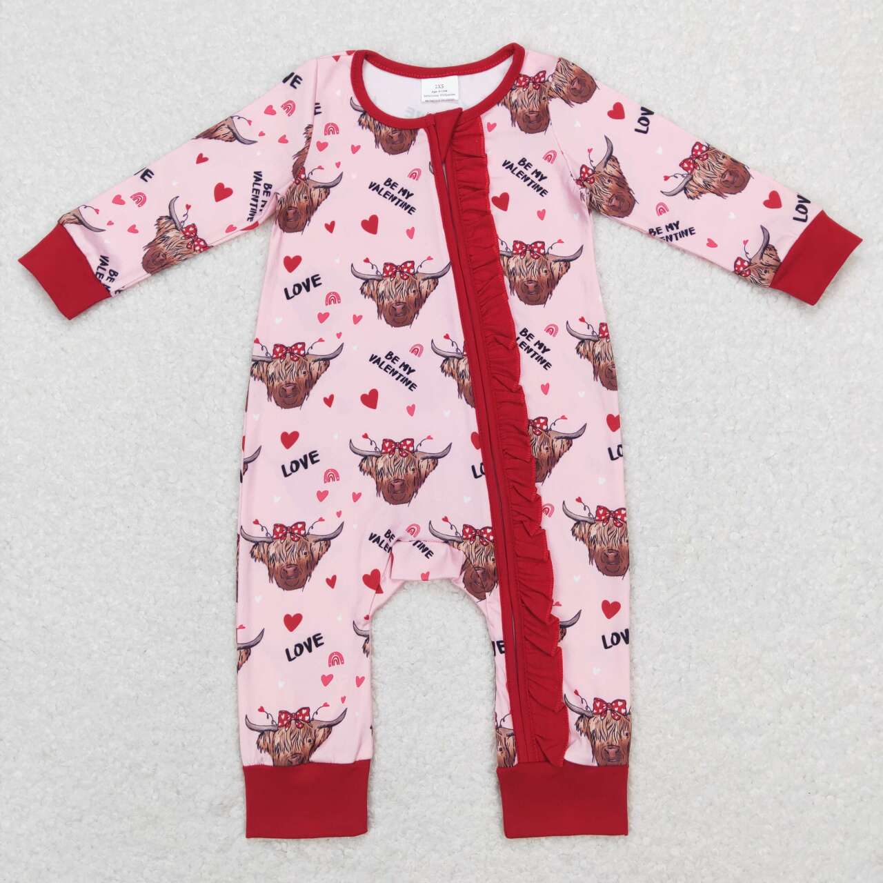 LR0804 Valentine Love Highland Cow Zipper Girls Long Sleeve Romper