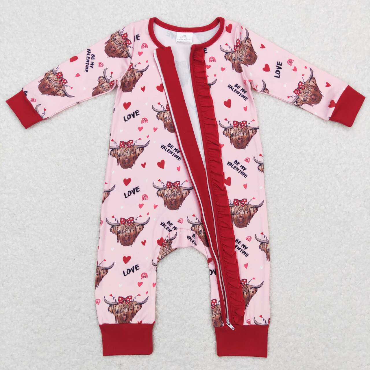 LR0804 Valentine Love Highland Cow Zipper Girls Long Sleeve Romper