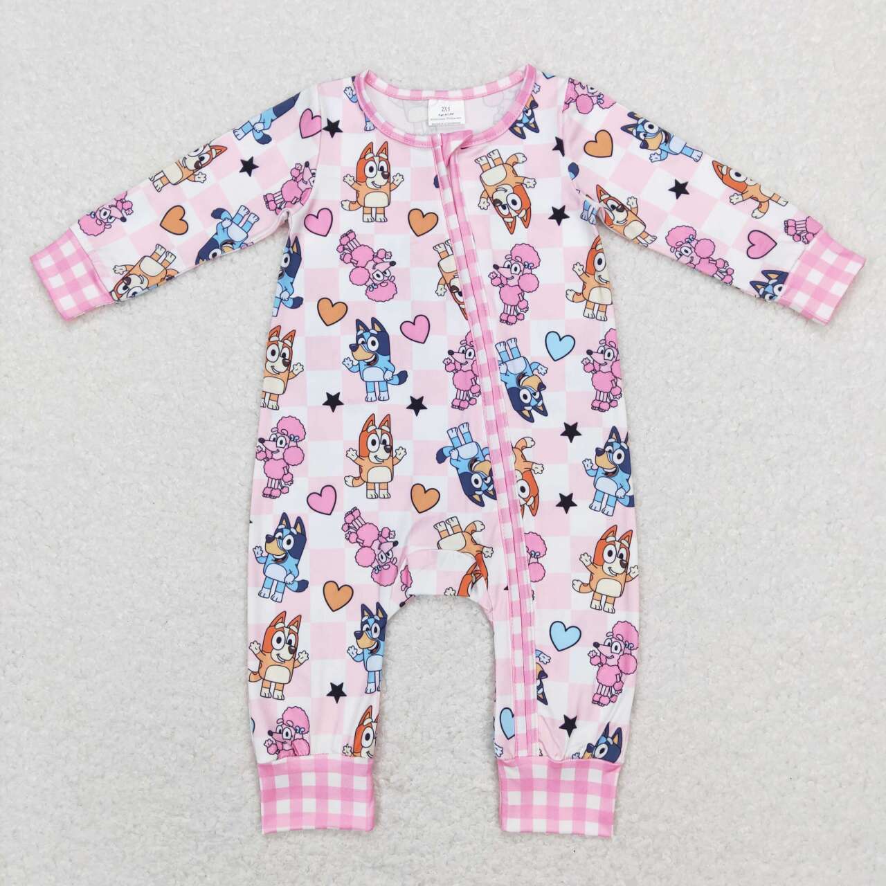LR0870 Valentine Love Pink Blue Dog Cartoon Zipper Girls Long Sleeve Romper