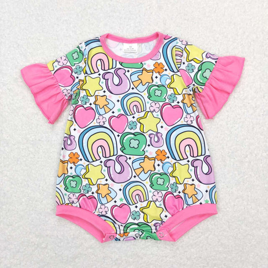 SR0552 St. Patrick Green Pink Lucky Clover Girls Short Sleeve Romper