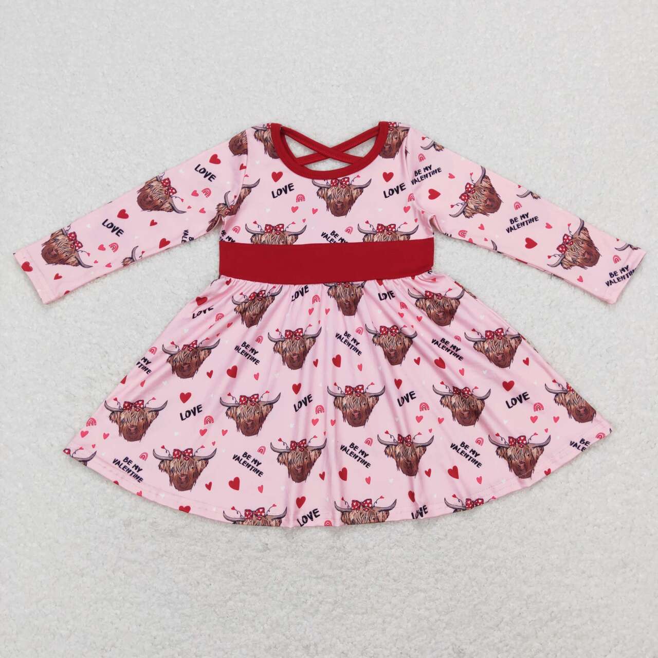 GLD0479 Valentine Pink Love Highland Cow Girls Long Sleeve Dresses