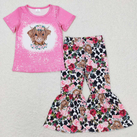 GSPO1024 Pink Floral Highland Cow Girls Short Sleeve Bell Bottom Pants Outfits
