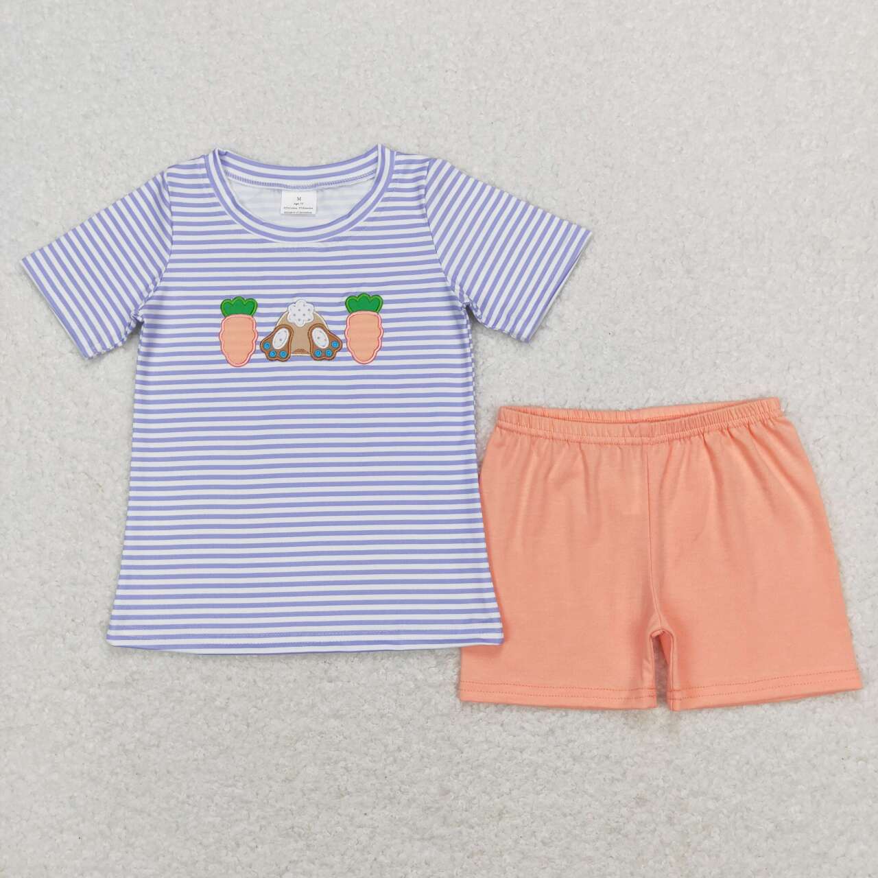 BSSO0301 Easter Rabbit Carrot Purple Orange Embroidery Boys Short Sleeve Shorts Outfits