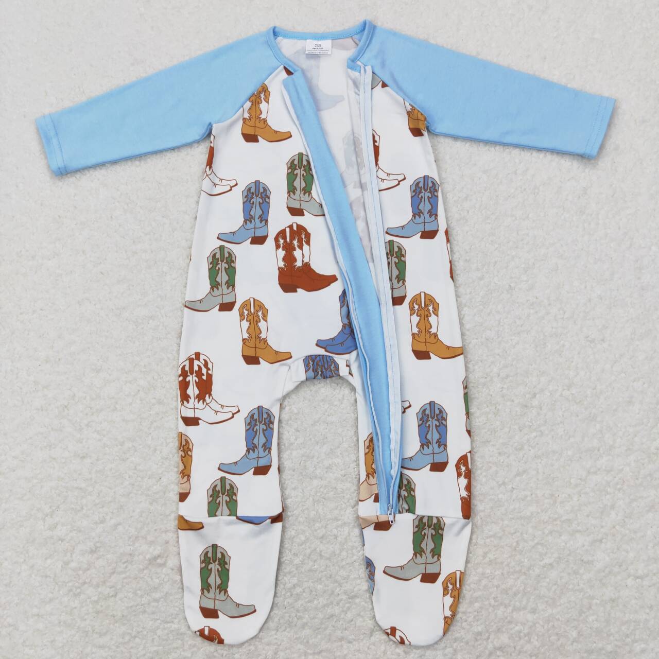 LR0853 Blue Cowboy Boots Zipper Girls Long Sleeve Romper