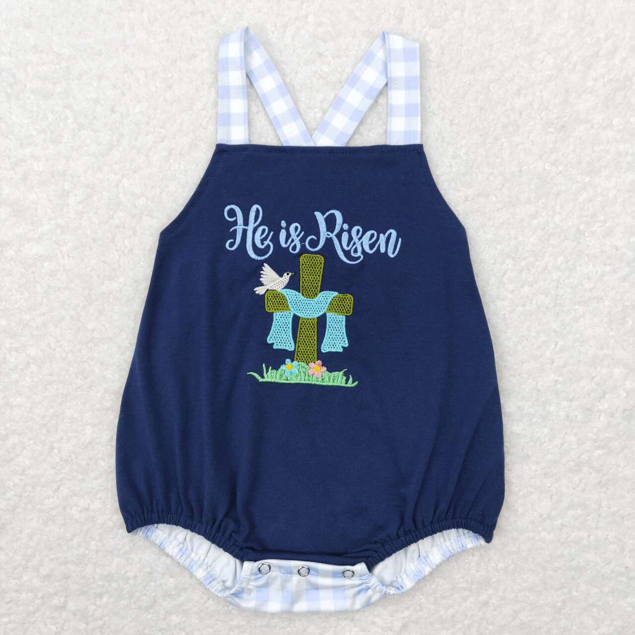 SR0565 Easter Rabbit Cross Blue he is risen Embroidery Boys Short Sleeve Romper