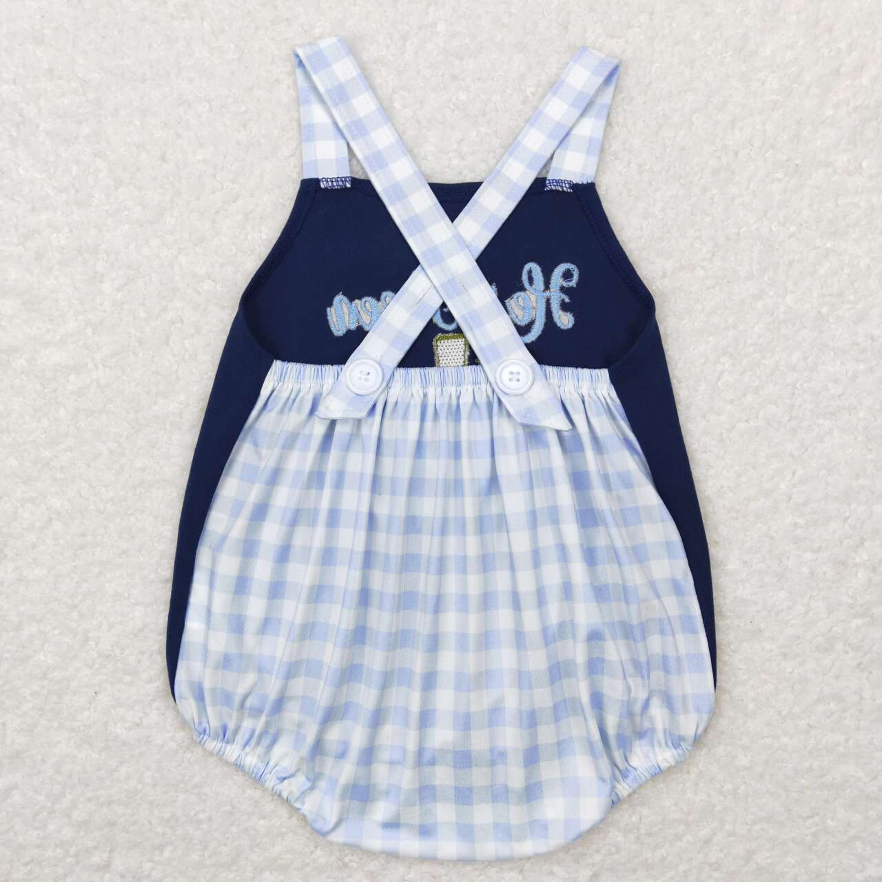 SR0565 Easter Rabbit Cross Blue he is risen Embroidery Boys Short Sleeve Romper