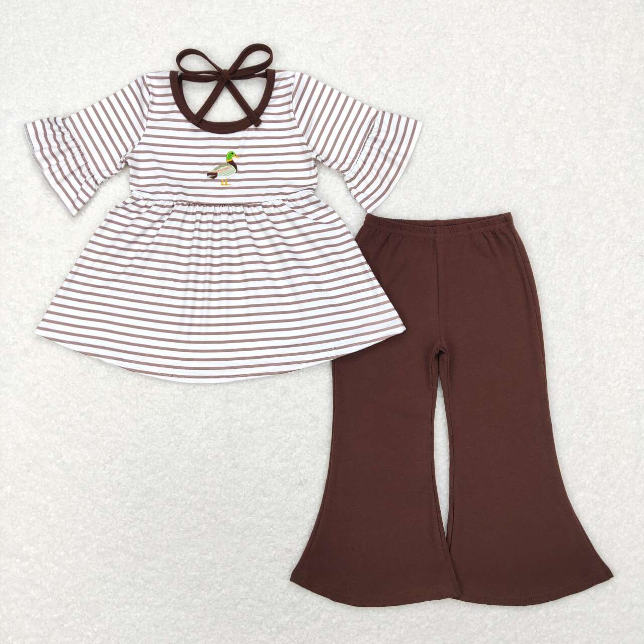 GSPO1020 Brown Duck Embroidery Girls Short Sleeve Bell Bottom Pants Outfits