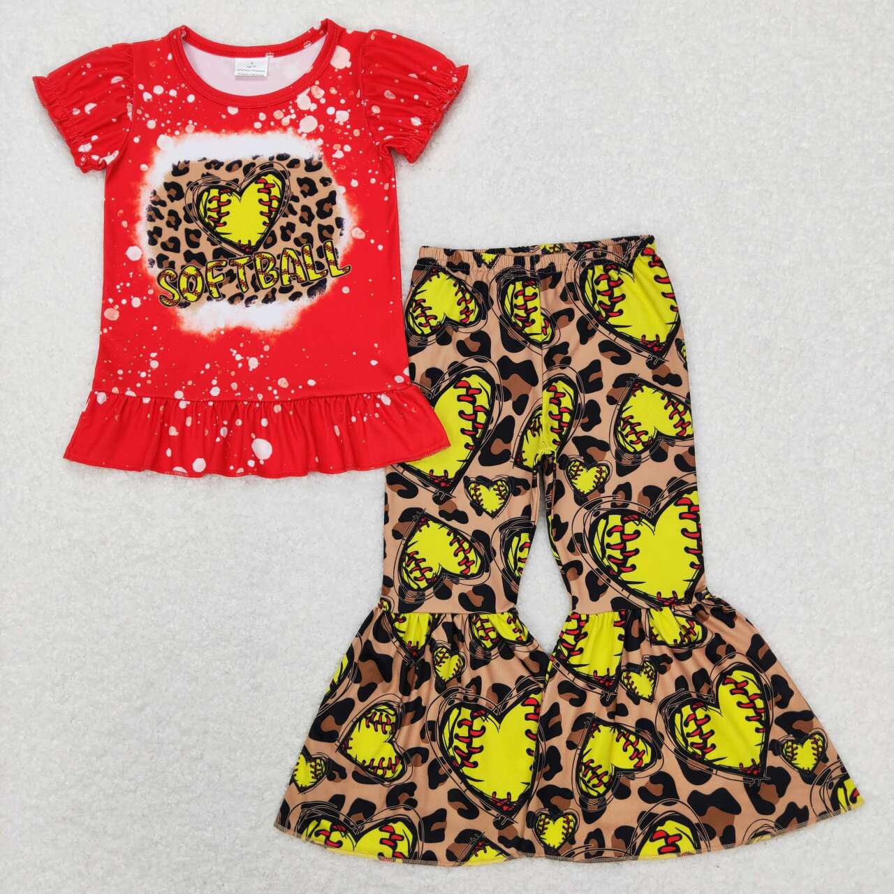 GSPO1086 Valentine Love Red Leopard Softball Girls Short Sleeve Bell Bottom Pants Outfits