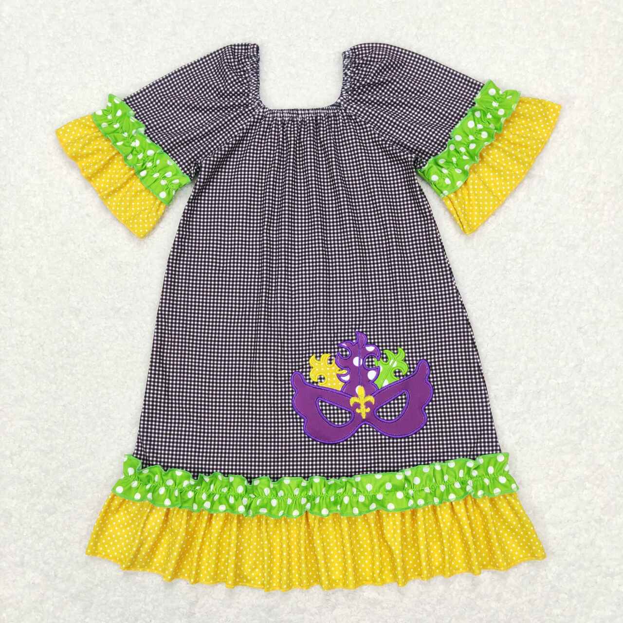 GSD0499 Mardi Gras Purple yellow Embroidery Girls Flutter Sleeve Dresses