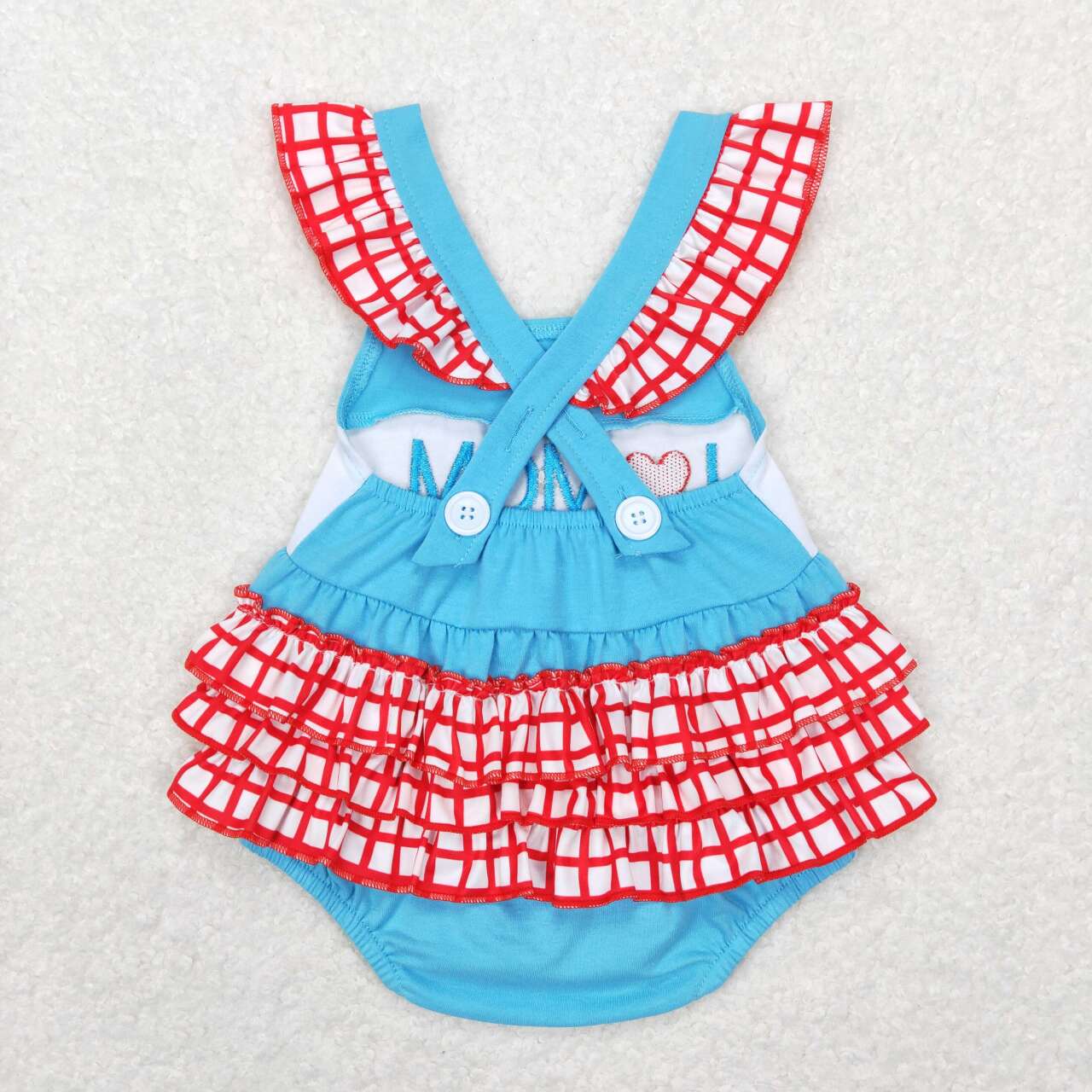 SR0683 Valentine I Love Mom Blue Embroidery Girls Short Sleeve Romper