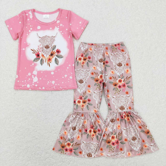 GSPO1079 Pink Floral Highland Cow Girls Short Sleeve Pants Outfits