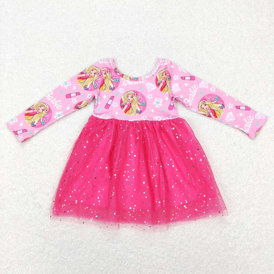 GLD0494 Pink B Cartoon Tulle Tutu Girls Long Sleeve Dresses