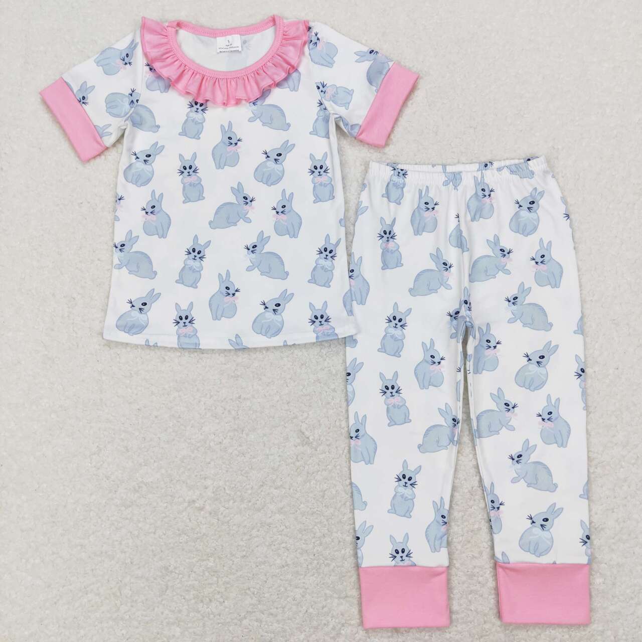 GSPO1095 Pink Easter Rabbit Girls Short Sleeve Bell Bottom Pants Outfits pajamas