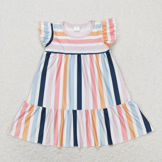 GSD0564 Pink Blue Stripes Girls Short Sleeve Dresses