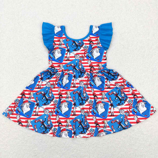 GSD0567 Christmas red blue cat hat Dr Cartoon Girls Flutter Sleeve Dresses