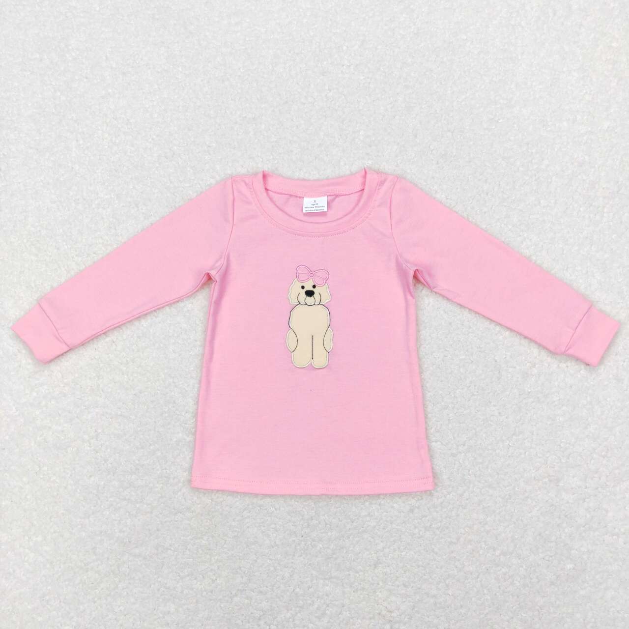 GT0408 Pink Dog Embroidery Girls Long Sleeve Top T-shirts