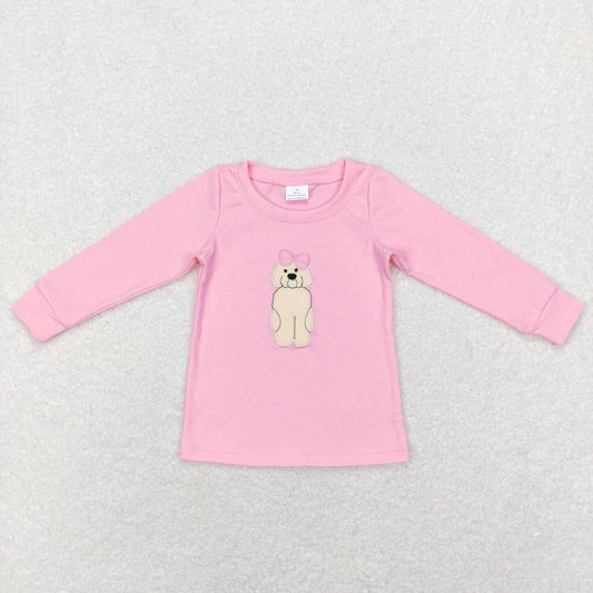 GT0408 Pink Dog Embroidery Girls Long Sleeve Top T-shirts