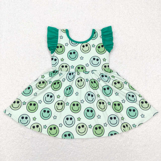 GSD0643 St. Patrick Clover Green Smile Girls Short Sleeve Dresses