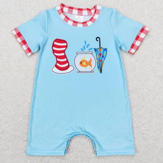SR0767 Blue Dr Cartoon Hat Cat Girls Short Sleeve Romper