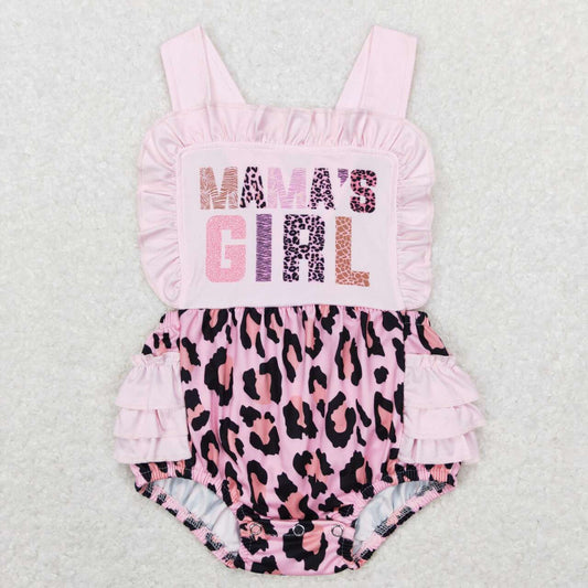 SR0596 Pink mama's girl leopard Girls Short Sleeve Romper