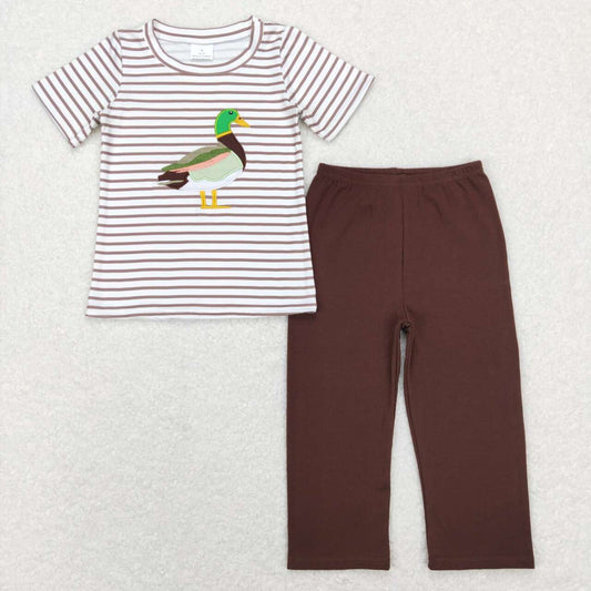 BSPO0214 Green Brown Duck Embroidery Boys Short Sleeve Bell Bottom Pants Outfits