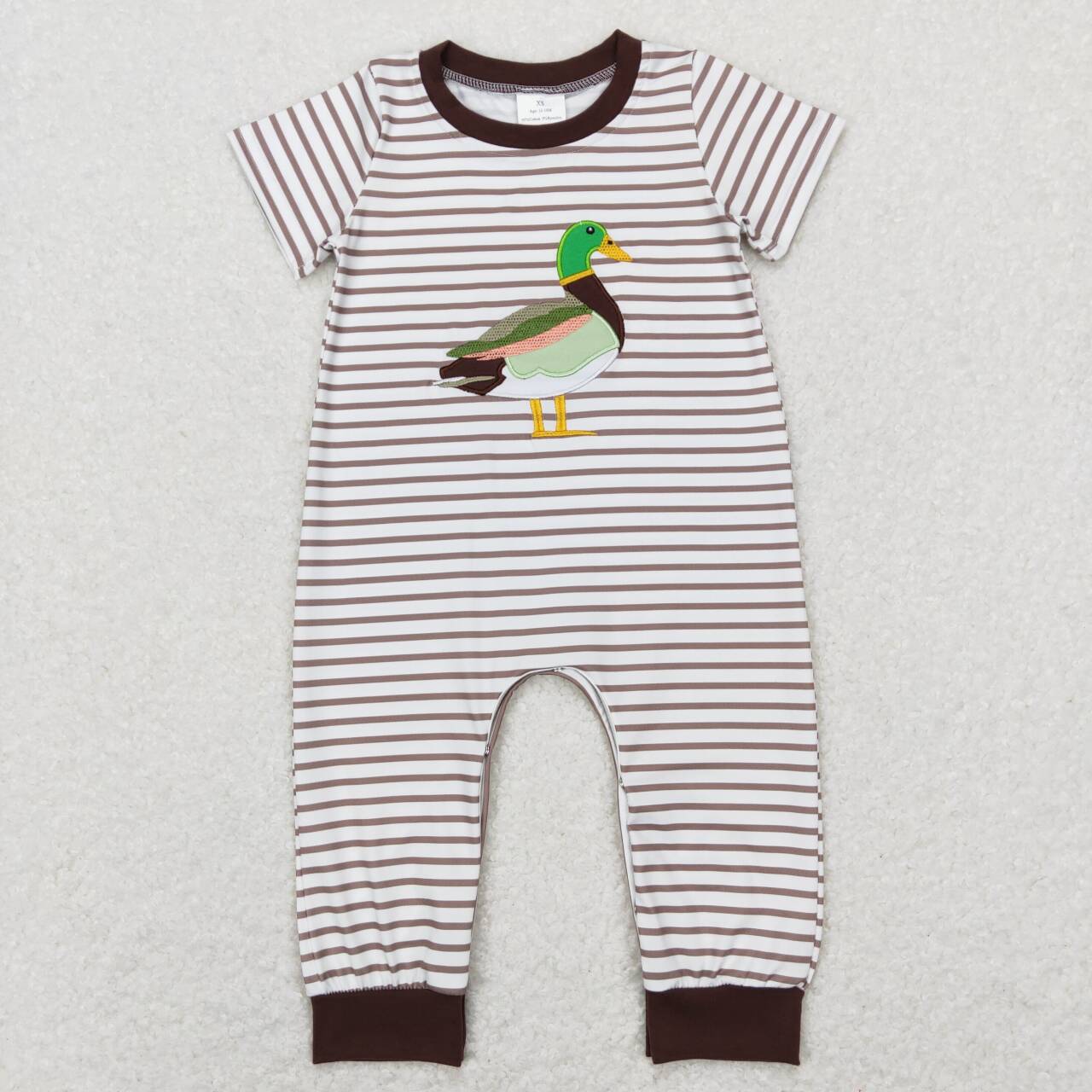 SR0517 Green Brown Duck Embroidery Girls Short Sleeve Romper