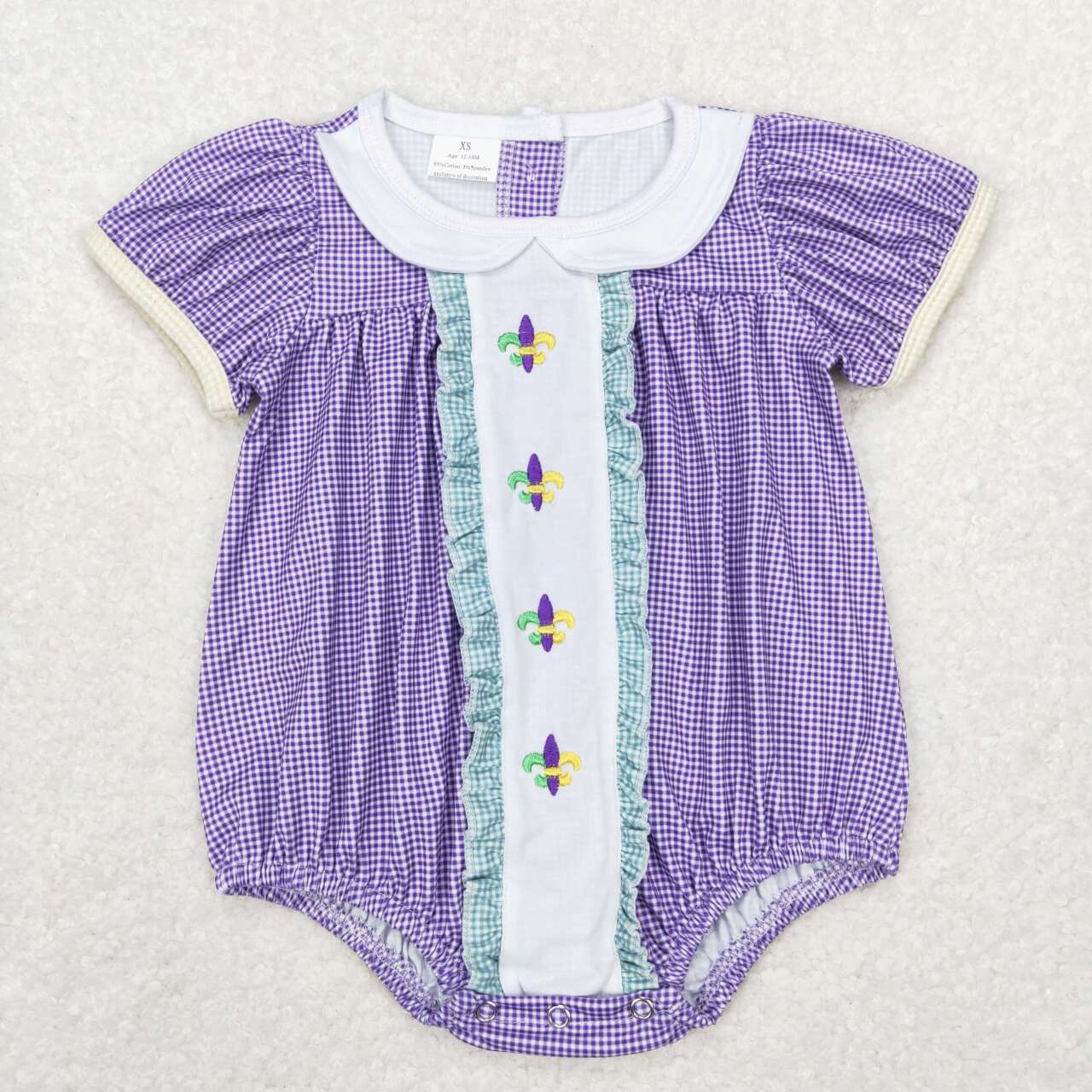 SR0471 Mardi Gras Purple Embroidery Girls Short Sleeve Romper